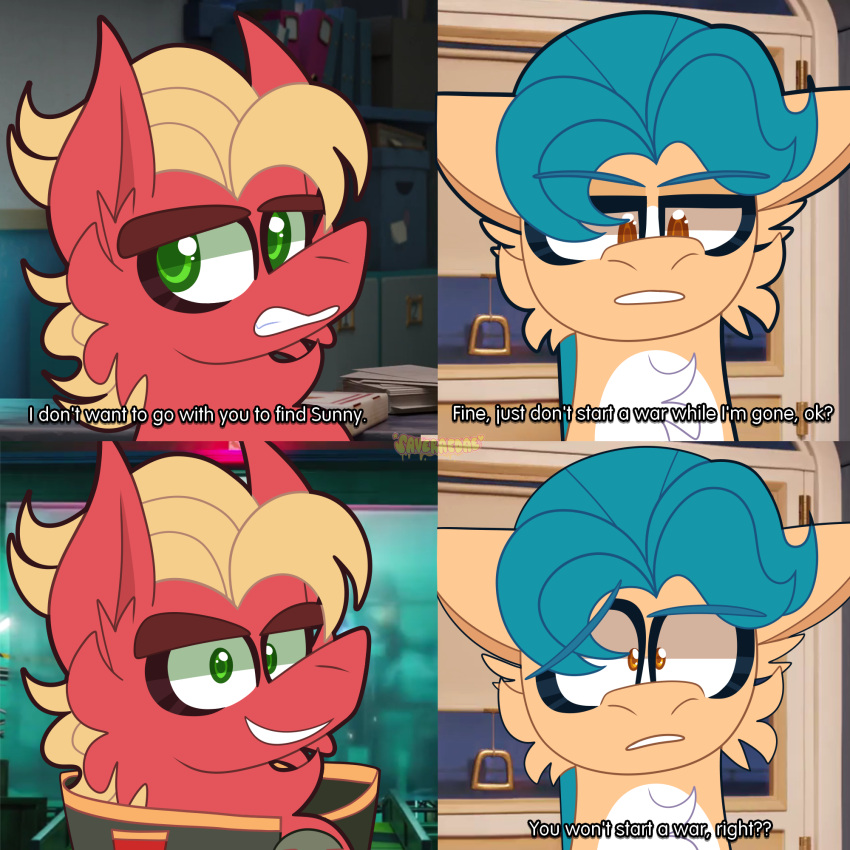 1:1 amber_eyes blonde_hair comic earth_pony equid equine for_the_better_right? green_eyes hair hasbro hi_res hitch_trailblazer_(mlp) horse mammal meme mlp_g5 my_little_pony pony saveraedae sprout_cloverleaf_(mlp) turquoise_hair