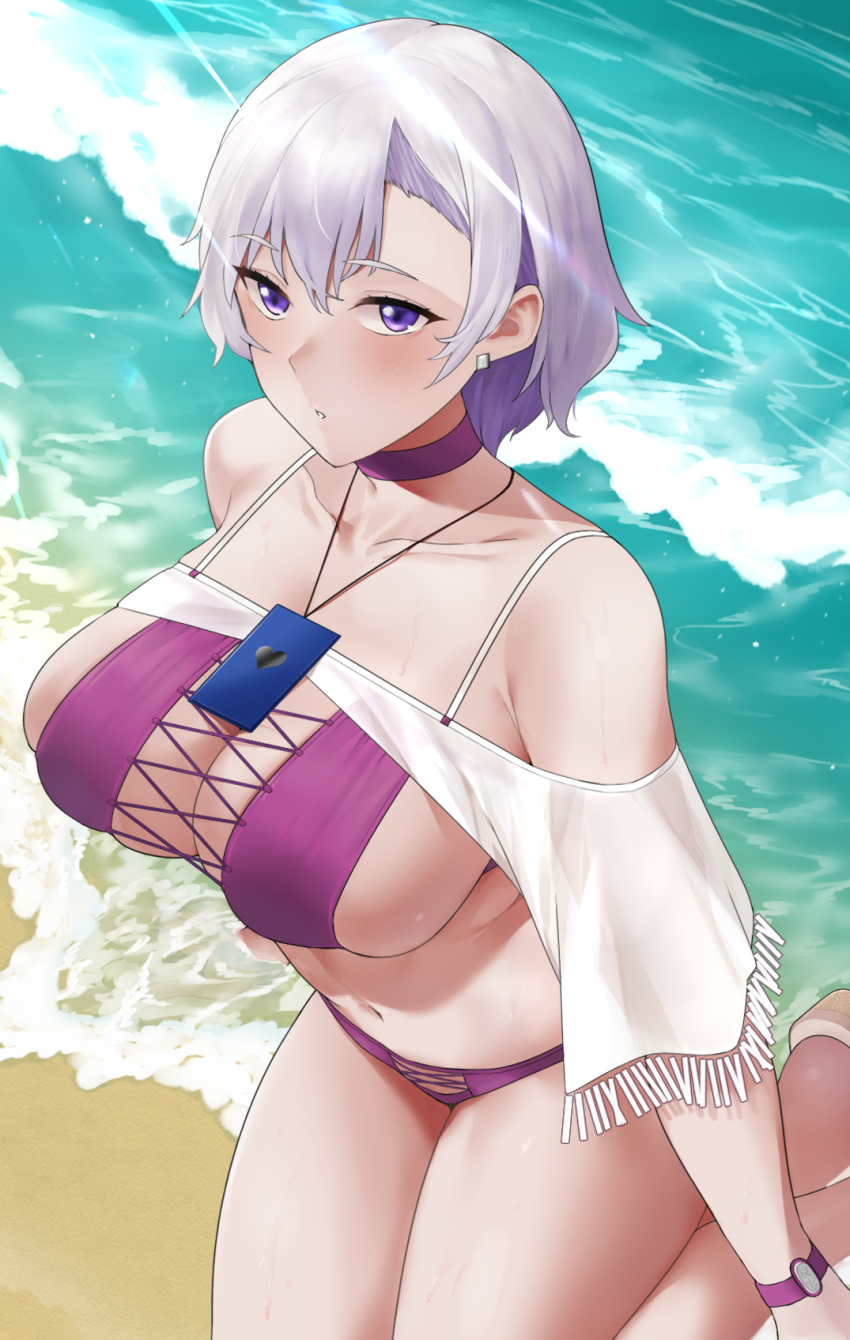 1girl azur_lane bare_shoulders beach bikini blush breasts choker cleavage collarbone ear_piercing feet_out_of_frame from_above highres kneeling large_breasts looking_at_viewer ocean official_alternate_costume parted_lips piercing purple_bikini purple_choker purple_hair reno_(azur_lane) reno_(summer_spin-off)_(azur_lane) rinrin_(user_tvcf4347) sand sandals short_hair shrug_(clothing) solo spaghetti_strap swimsuit water white_sleeves wristband