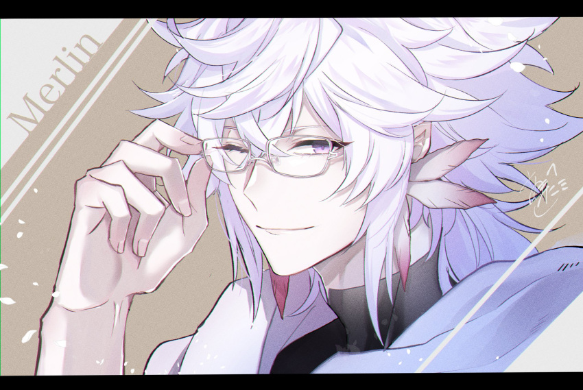 1boy ;) ahoge amata1006 bangs character_name commentary earrings face fate/grand_order fate_(series) glasses hair_between_eyes highres jewelry light_smile long_hair looking_at_viewer male_focus merlin_(fate) one_eye_closed purple_eyes signature smile solo very_long_hair white_hair