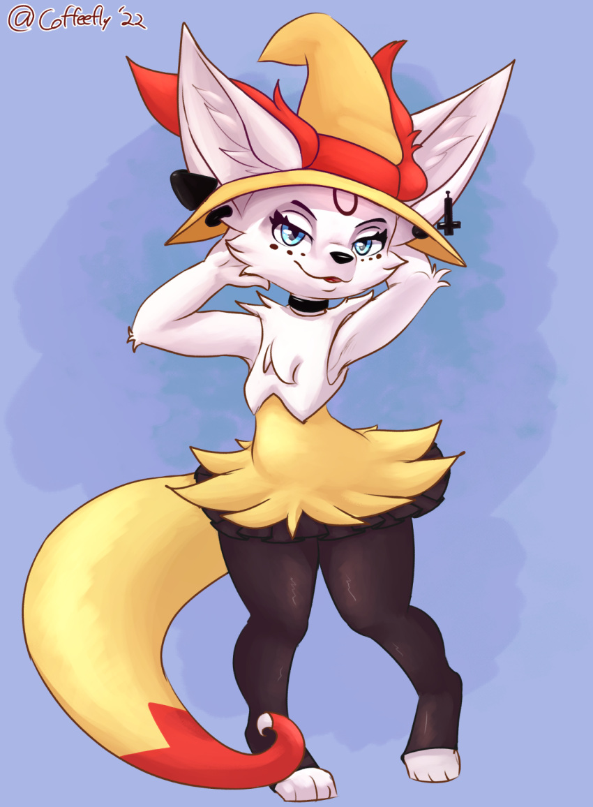 blue_eyes braixen canid canine clothing coffeefly cosplay fennec fox hat headgear headwear hi_res looking_at_viewer male mammal nintendo piercing pok&eacute;mon pok&eacute;mon_(species) simple_background solo standing video_games