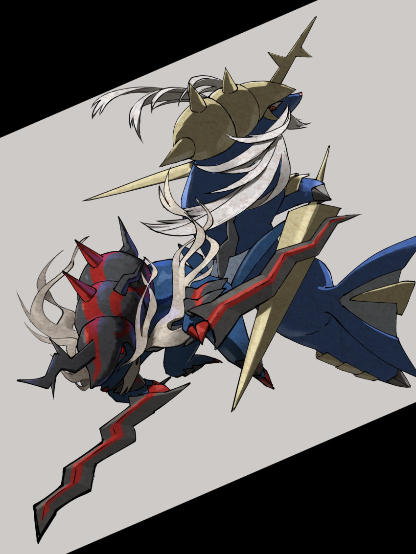 commentary_request facial_hair futena_goze grey_background grey_hair highres hisuian_samurott holding holding_weapon looking_back mustache no_humans pokemon pokemon_(creature) red_eyes samurott spikes weapon