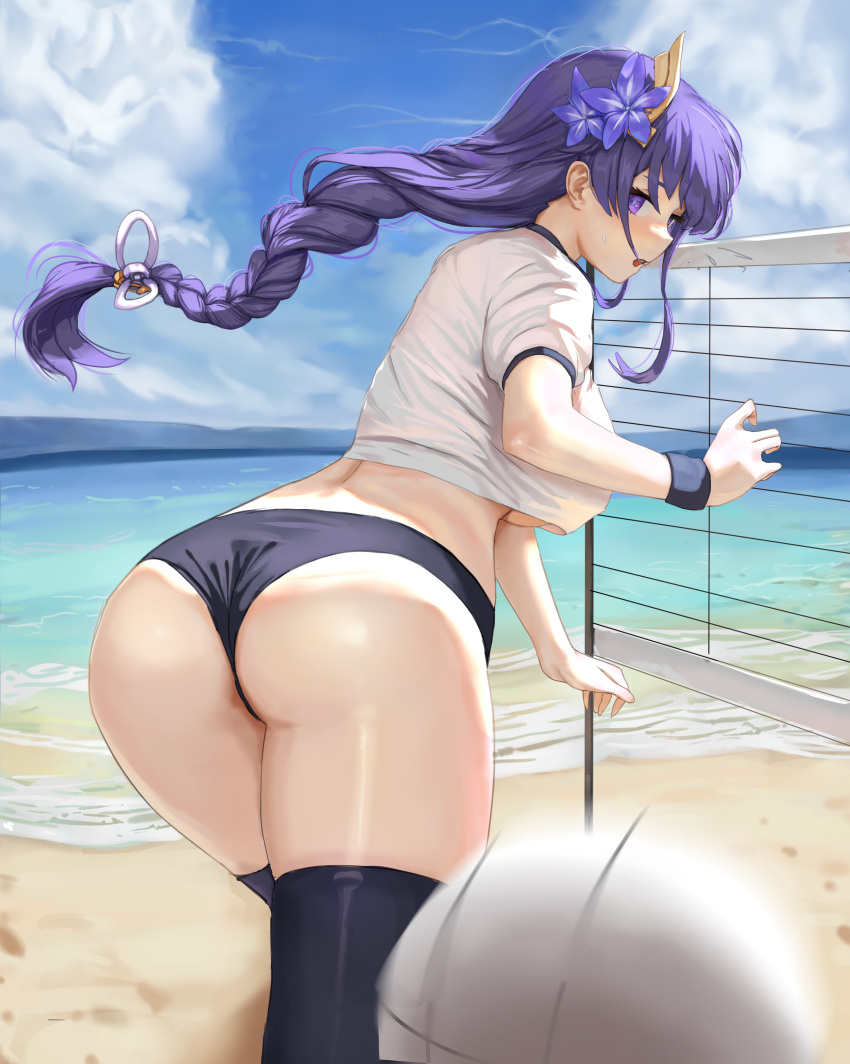 1girl absurdres ass beach black_legwear blue_sky blurry blush braid braided_ponytail breasts buruma cloud depth_of_field dolri floating_hair flower flying_sweatdrops from_behind genshin_impact hair_flower hair_ornament highres large_breasts long_hair looking_at_viewer looking_back midriff ocean open_mouth playing_sports purple_eyes purple_flower purple_hair raiden_shogun sand shirt sky solo sport sweatdrop t-shirt thighhighs twisted_torso underboob volleyball volleyball_net water white_shirt wristband