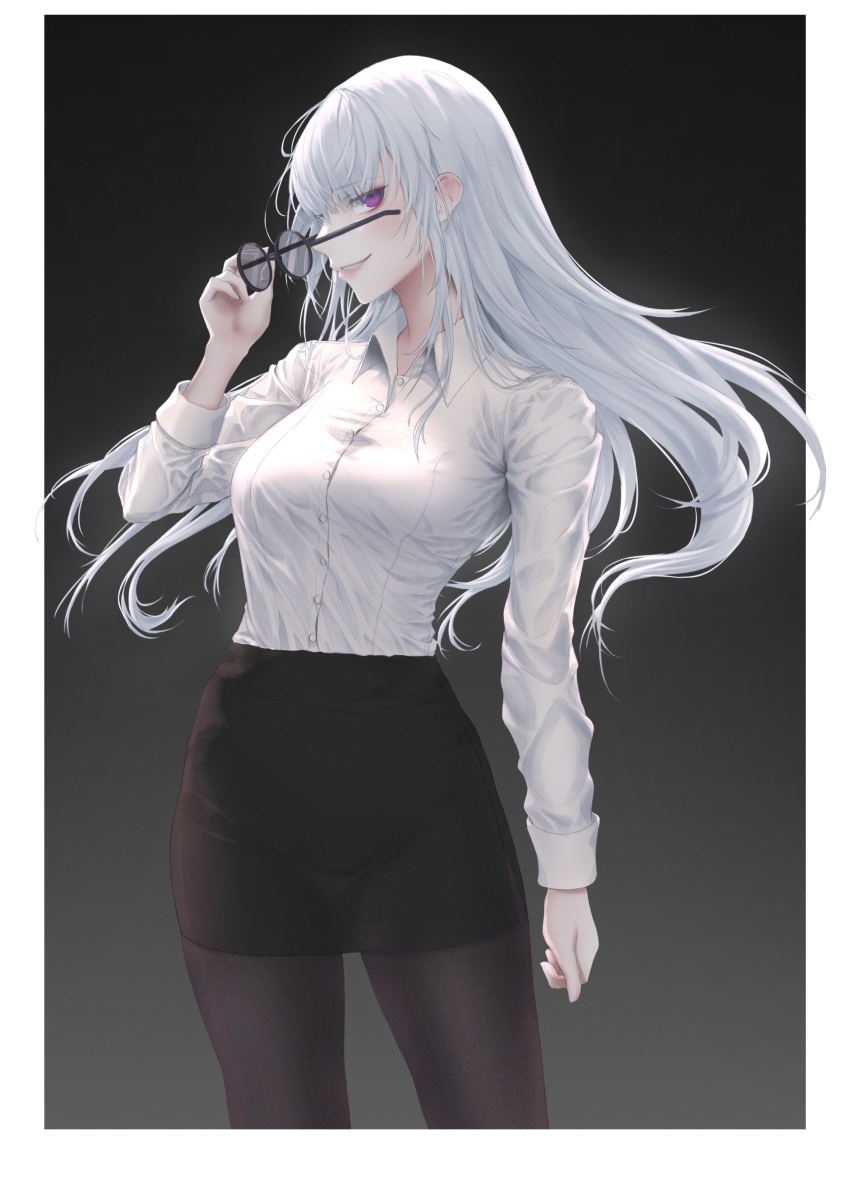 1girl absurdres black_legwear black_skirt glasses grin hayron highres long_hair looking_at_viewer looking_to_the_side miniskirt office_lady original pantyhose pencil_skirt purple_eyes removing_eyewear round_eyewear shirt silver_hair skirt smile solo white_shirt