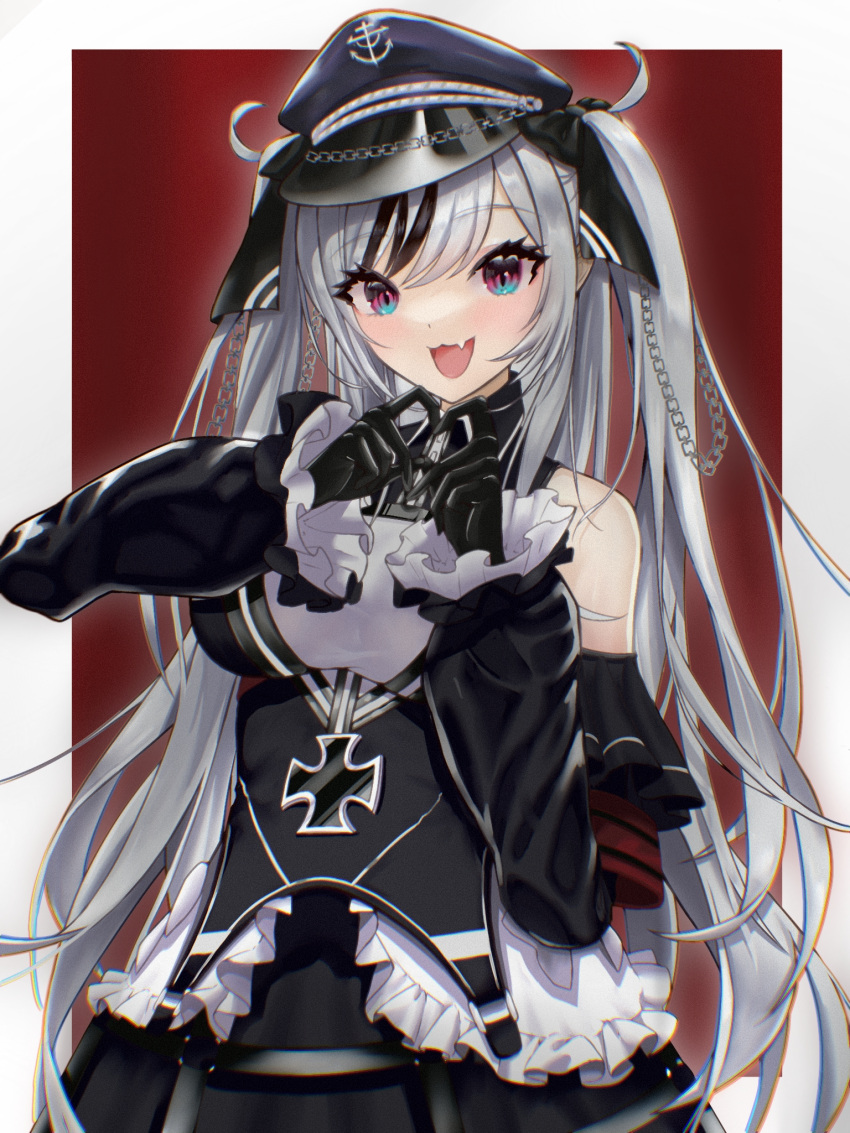1girl azur_lane bare_shoulders black_bow black_gloves black_hair black_hat black_ribbon blue_eyes bow breasts cross dress elbe_(azur_lane) fang frilled_dress frills gloves gradient_eyes grey_hair hat heart heart_hands highres iron_cross large_breasts long_hair looking_at_viewer multicolored_eyes multicolored_hair open_mouth peaked_cap purple_eyes red_background ribbon simple_background skin_fang solo standing streaked_hair twintails two-tone_background two-tone_dress two-tone_hair very_long_hair white_background white_dress y_yion