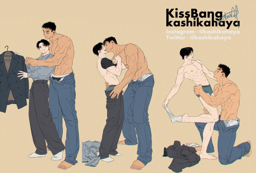 2boys abs bara biceps blush clothing_aside couple formal hug jewelry kashikahaya kiss large_pectorals male_focus multiple_boys muscular muscular_male nipples no_pants original pants pectoral_cleavage pectorals ring scar scar_on_face shirt sideburns smile suit text_focus topless topless_male yaoi