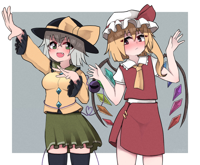 2girls ascot bangs black_headwear black_legwear blonde_hair blouse blush bow buttons closed_mouth collared_blouse commentary cowboy_shot crystal diamond_button eyeball eyebrows_visible_through_hair fang flandre_scarlet frilled_shirt_collar frilled_sleeves frills frown furrowed_brow green_eyes green_skirt grey_background grey_hair hair_between_eyes hat hat_ribbon heart heart_of_string highres komeiji_koishi long_sleeves looking_to_the_side medium_hair medium_skirt mob_cap multiple_girls one_side_up open_mouth puffy_short_sleeves puffy_sleeves red_bow red_eyes red_ribbon red_skirt red_vest ribbon shirt short_sleeves skirt skirt_set smile standing thighhighs third_eye topadori touhou vest white_background white_shirt wide_sleeves wings yellow_ascot yellow_blouse yellow_ribbon