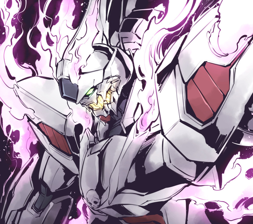 black_background crossbone_gundam crossbone_gundam_ghost fire from_side ghost_gundam glowing glowing_eye green_eyes gundam highres ishiyumi mecha mobile_suit no_humans open_mouth purple_fire science_fiction skull_and_crossbones solo upper_body v-fin