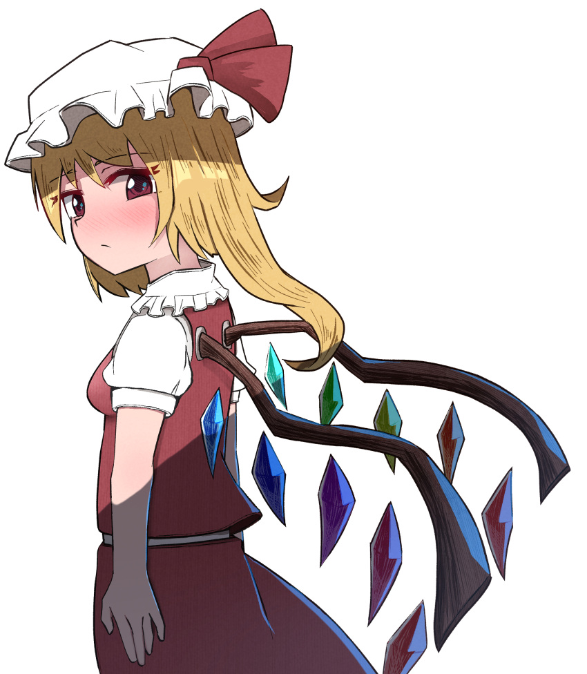 1girl ascot bangs blonde_hair blush bow closed_mouth commentary_request cowboy_shot crystal eyebrows_visible_through_hair flandre_scarlet frilled_shirt_collar frills from_behind frown hat hat_ribbon highres looking_back medium_hair mob_cap one_side_up puffy_short_sleeves puffy_sleeves red_bow red_eyes red_ribbon red_skirt red_vest ribbon shirt short_sleeves simple_background skirt solo standing topadori touhou vest white_background white_shirt wings yellow_ascot