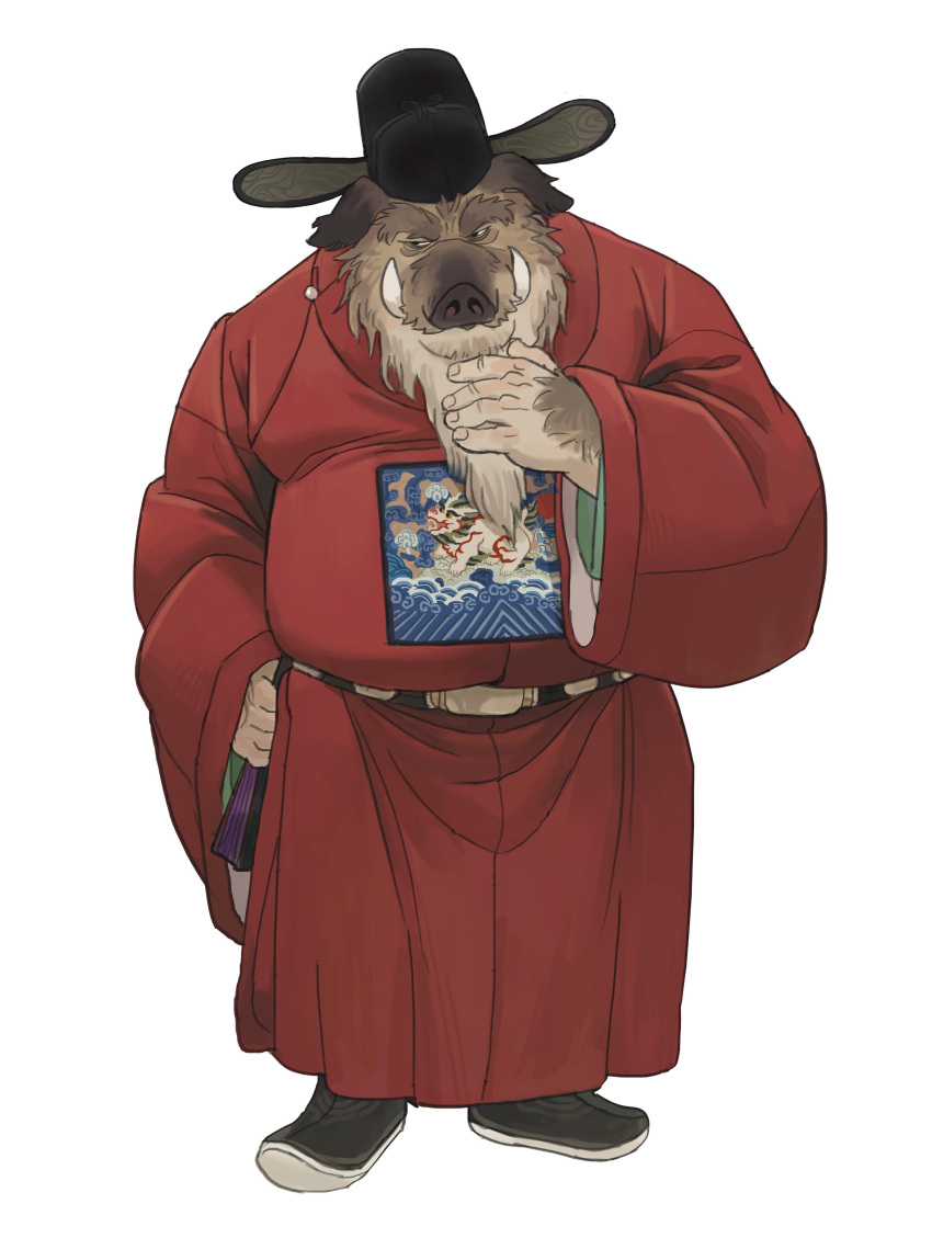 2022 absurd_res anthro beard clothed clothing facial_hair hat headgear headwear hi_res humanoid_hands huynhduyad14 kemono male mammal mature_male overweight overweight_male simple_background solo suid suina sus_(pig) white_background wild_boar