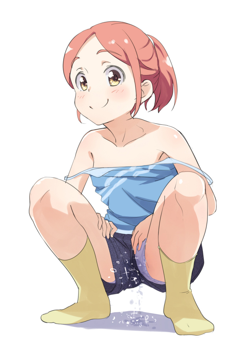 1girl blush collarbone commentary_request hayyan highres looking_at_viewer original panties_under_shorts pee_stain peeing peeing_self shorts simple_background smile socks solo squatting white_background yellow_legwear