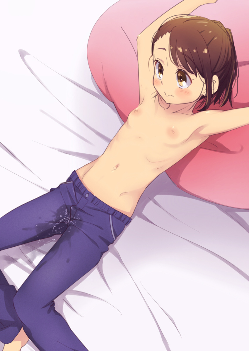 1girl areolae bangs blush brown_hair commentary_request flat_chest hayyan highres navel nipples on_bed original pants pee_stain peeing peeing_self solo topless