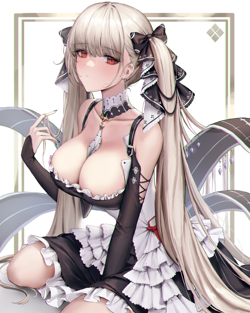 1girl absurdres azur_lane bangs bare_shoulders between_breasts black_dress blush breasts cleavage detached_collar dress formidable_(azur_lane) frilled_dress frills grey_hair highres jademoon large_breasts long_hair looking_at_viewer neck_ribbon red_eyes ribbon sitting solo twintails two-tone_dress two-tone_ribbon very_long_hair wariza white_dress