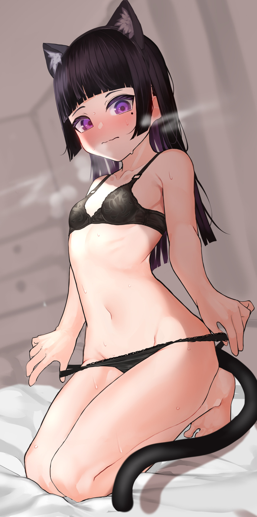 1girl absurdres anal_tail animal_ear_fluff animal_ears bangs bed_sheet black_bra black_hair black_panties black_tail blunt_bangs blush bra breasts breath cat_ears cat_tail closed_mouth collarbone embarrassed fake_animal_ears fake_tail frilled_bra frilled_panties frills frown gokou_ruri hair_ornament highres indoors kneeling light_particles lingerie long_hair looking_at_viewer madana_(xesa7885) mole mole_under_eye navel on_bed ore_no_imouto_ga_konna_ni_kawaii_wake_ga_nai panties purple_eyes reward_available small_breasts solo steam steaming_body sweat tail underwear underwear_only undressing wavy_mouth