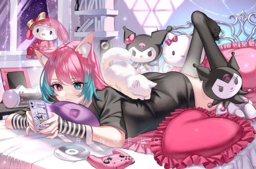 1girl animal animal_ear_fluff animal_ears animal_on_back bangs black_legwear blue_eyes blue_hair blush cat cat_ears cd cellphone closed_mouth controller copyright_request full_body game_controller heart heart_pillow highres holding holding_phone indie_virtual_youtuber looking_at_phone lying multicolored_hair no_shoes on_bed on_stomach phone pillow pink_eyes pink_hair rafilia_(vtuber) ringeko-chan smartphone solo stuffed_animal stuffed_toy the_pose thighhighs two-tone_hair