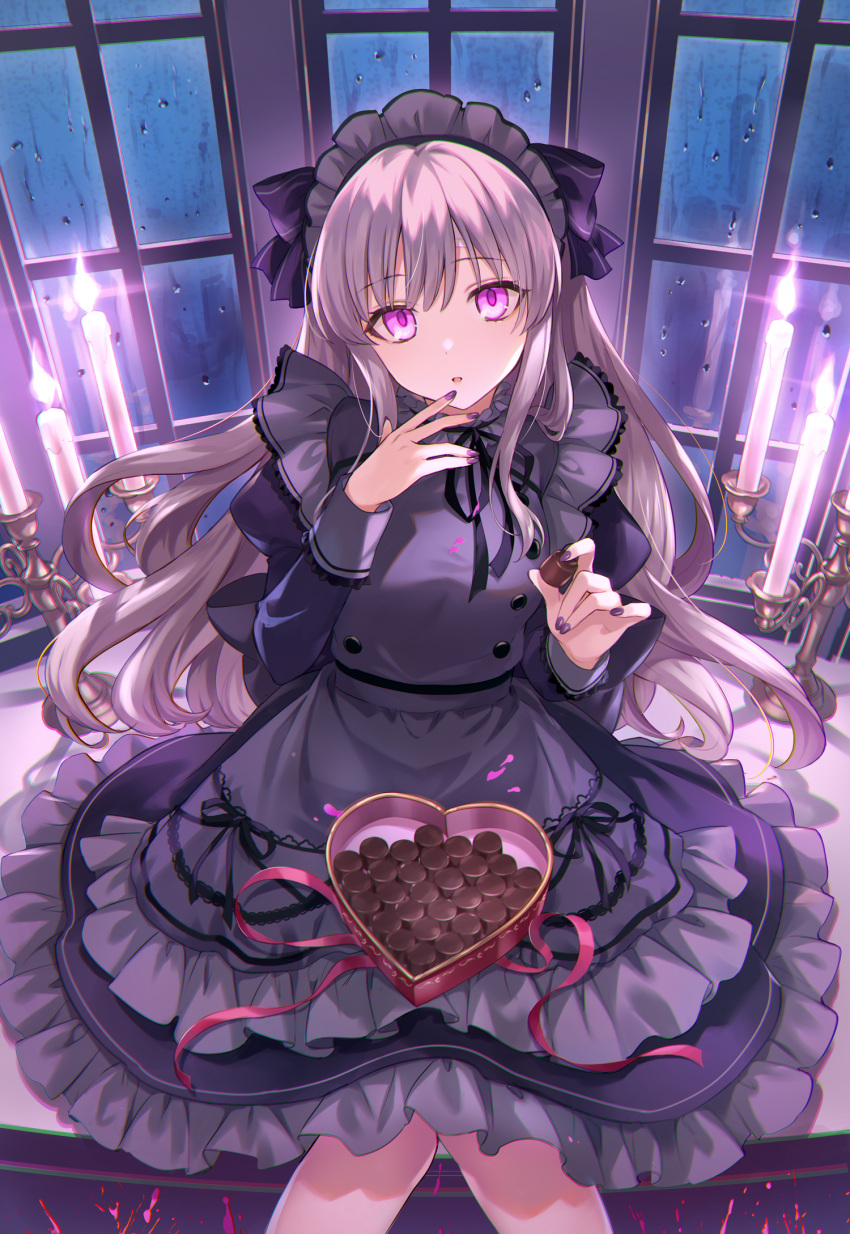 1girl back_bow bangs black_ribbon bow box box_of_chocolates candle candlelight candlestand chocolate dress feet_out_of_frame finger_to_mouth fire food frilled_dress frilled_hairband frills from_above hair_ribbon hairband hands_up heart-shaped_box highres holding holding_chocolate holding_food idolmaster idolmaster_shiny_colors iku2727 indoors juliet_sleeves knees_together_feet_apart long_hair long_sleeves looking_at_viewer nail_polish neck_ribbon parted_lips puffy_sleeves purple_dress purple_eyes purple_hair purple_nails purple_ribbon rain red_ribbon ribbon silver_hair sitting solo splatter very_long_hair window windowsill yuukoku_kiriko