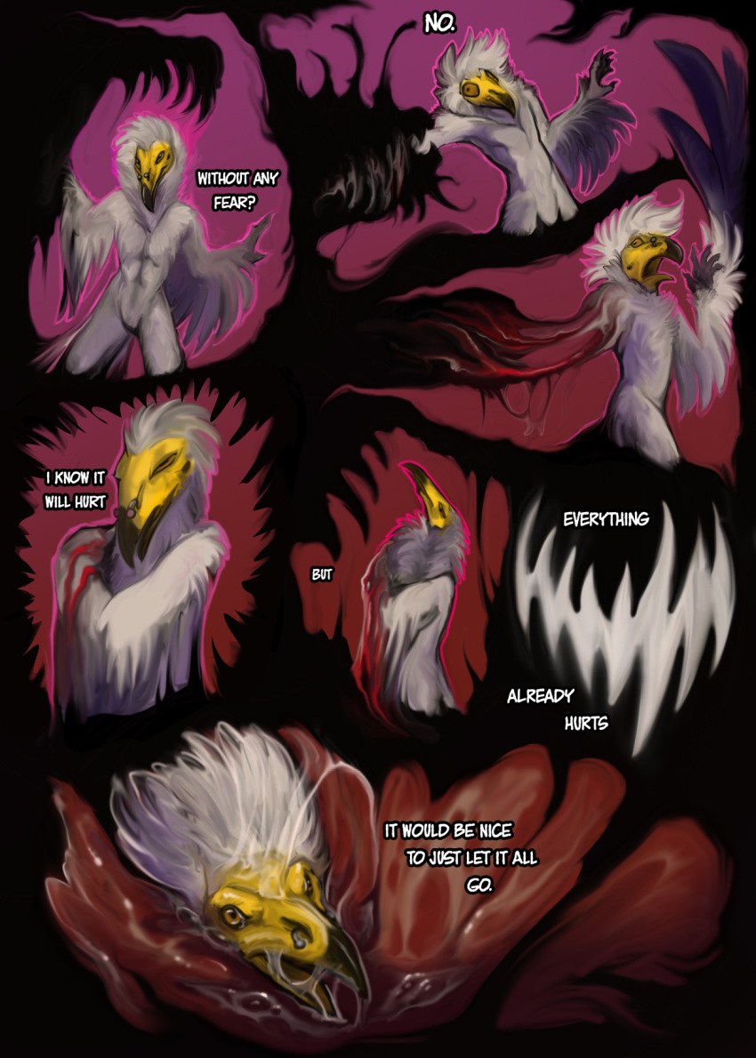 accipitriform ambiguous_gender anthro avian bird bite biting_arm blood bodily_fluids claws depression dialogue disarmed english_text fishyboner gore hi_res ingestion peak solo swallowing talons teeth text vore vulture