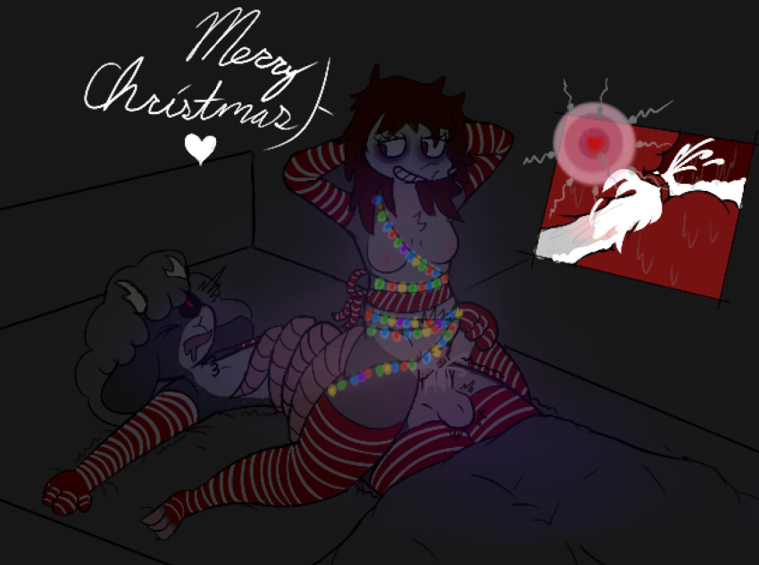 anthro black_sclera bodily_fluids bovid caprine christmas clothing cum cum_in_pussy cum_inside didelphid duo female genital_fluids hi_res holidays impregnation internal legwear male male/female mammal marsupial on_bottom on_top reverse_cowgirl_position sex sheep sheepbro stockings tail_wrapped