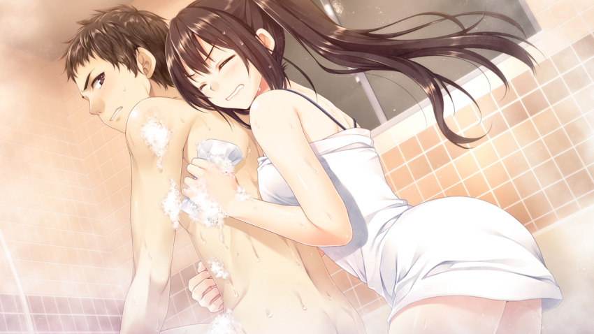 1boy 1girl alpha_(yukai_na_nakamatachi) bathroom boku_no_hitori_sensou brown_eyes brown_hair clenched_teeth closed_eyes clothed_female_nude_male floating_hair game_cg indoors inuzuka_rumi long_hair naked_towel nude satomi_renji shiny shiny_hair short_hair teeth towel very_long_hair washing_back