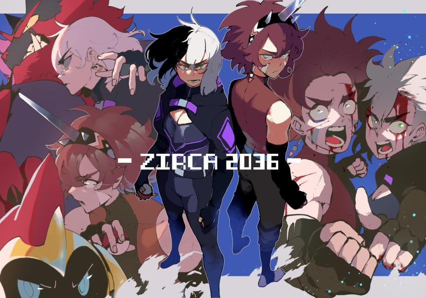 1girl bangs black_hair blood bodysuit breasts brown_hair bruise bruised_eye cleavage clenched_hand dusk_ball eyeshadow falinks from_side gloves green_eyes highres incineroar injury long_hair looking_at_viewer makeup multicolored_hair nyantcha open_mouth original poke_ball pokemon pokemon_(creature) short_hair simple_background skin_tight split-color_hair two-tone_hair white_hair yorra_villeneuve