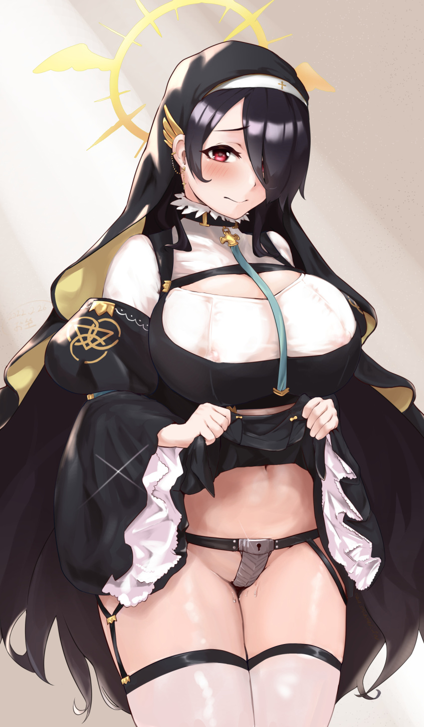 1girl asymmetrical_bangs bangs black_choker black_hair blue_archive blush breasts chastity_belt choker cleavage_cutout closed_mouth clothing_cutout cross cross_earrings ear_piercing earrings garter_belt hair_over_one_eye halo highres hinata_(blue_archive) jewelry juliet_sleeves keyhole large_breasts layered_sleeves lifted_by_self long_bangs long_hair long_sleeves looking_at_viewer navel necktie nun oza_osuwari piercing puffy_sleeves red_eyes simple_background solo thighhighs veil white_legwear wide_sleeves