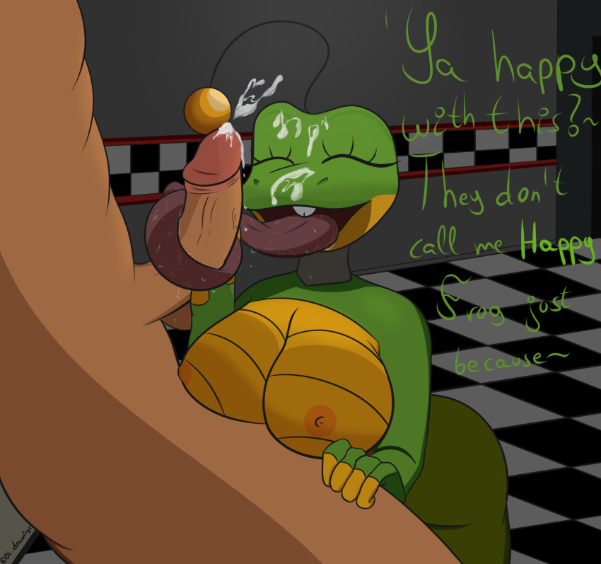 amphibian animatronic anthro balls bodily_fluids breasts buckteeth butt cum cum_on_face cumshot desesperadoleon drooling duo ejaculation english_text female five_nights_at_freddy's freddy_fazbear's_pizzeria_simulator frog genital_fluids genitals green_body happy_frog_(fnaf) hi_res licking machine male male/female mammal multicolored_body nipples open_mouth oral penile penis robot saliva saliva_on_penis saliva_on_tongue saliva_string scottgames teeth text tongue tongue_out vein veiny_penis video_games yellow_body