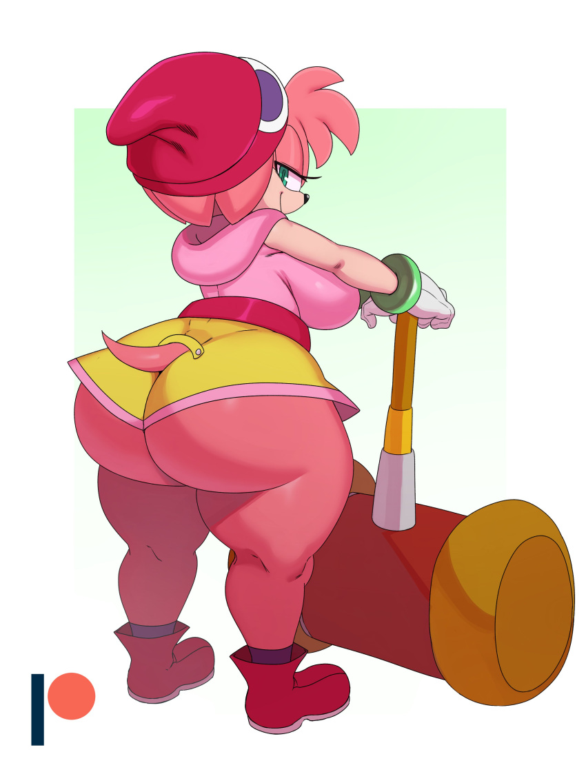 absurd_res amy_rose anthro big_butt butt clothing eulipotyphlan hair hammer hedgehog hi_res huge_butt looking_at_viewer looking_back looking_back_at_viewer mammal pink_hair sega sonic_the_hedgehog_(series) sssonic2 tools