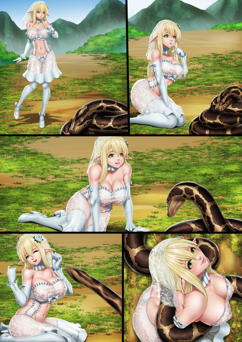 absurd_res ambiguous_gender ambiguous_pred armwear big_breasts blonde_hair blue_sky blush boots bow_panties breasts brown_body brown_scales butt canid canine cleavage clothed clothing coiling digital_media_(artwork) dress duo elbow_gloves elf female female/ambiguous female_prey feral feral_pred footwear gloves grass green_eyes hair handwear hi_res hill huge_breasts human humanoid humanoid_pointy_ears humanoid_prey kneeling legwear light_body light_skin mammal mountain navel onewasho open_mouth outside panties plant reptile scales scalie sky smile snake thigh_highs underwear veil wedding_dress white_armwear white_boots white_clothing white_elbow_gloves white_footwear white_gloves white_handwear white_legwear white_panties white_thigh_highs