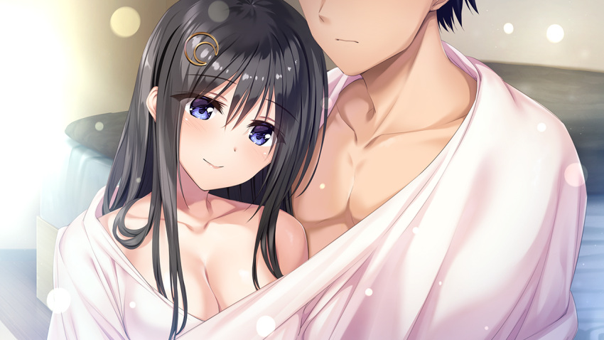 1boy 1girl aikotoba bangs black_hair blue_eyes blurry blurry_background blush breasts cleavage closed_mouth collarbone couple crescent crescent_hair_ornament eyebrows_visible_through_hair eyelashes game_cg hair_between_eyes hair_ornament hetero kinoshita_uzuki lens_flare long_hair medium_breasts nude oryo_(oryo04) shiny shiny_hair short_hair smile straight_hair under_covers upper_body