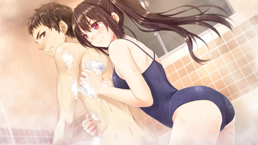 1boy 1girl alpha_(yukai_na_nakamatachi) bangs blue_swimsuit boku_no_hitori_sensou brown_eyes brown_hair clenched_teeth closed_mouth clothed_female_nude_male floating_hair game_cg hair_between_eyes indoors inuzuka_rumi long_hair nude ponytail red_eyes satomi_renji school_swimsuit shiny shiny_hair short_hair smile swimsuit teeth very_long_hair washing_back