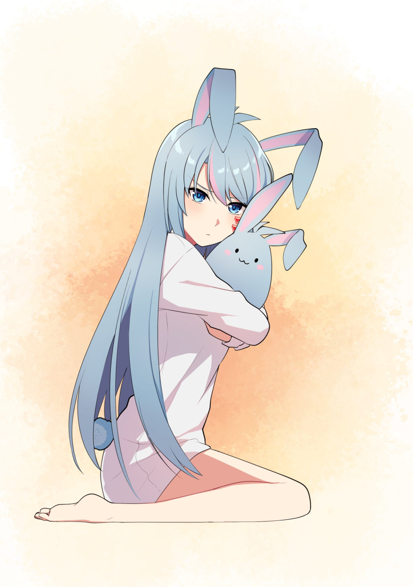 1girl absurdres angon623 animal_ears azura_cecillia barefoot blue_hair from_side highres holding holding_stuffed_toy kemonomimi_mode nijisanji nijisanji_id rabbit_ears rabbit_girl rabbit_tail shirt soles solo stuffed_animal stuffed_bunny stuffed_toy tail v-shaped_eyebrows virtual_youtuber white_shirt