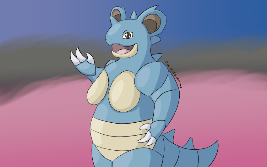 16:10 anthro belly big_belly big_breasts breasts female hi_res nidoqueen nintendo outside pok&eacute;mon pok&eacute;mon_(species) slightly_chubby video_games widescreen