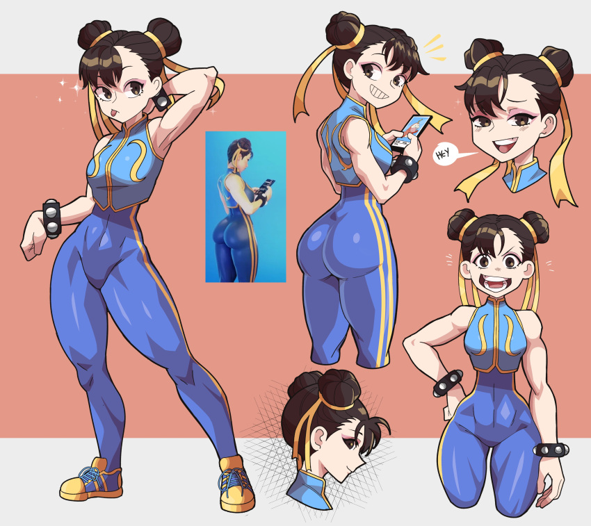 1girl :d :p absurdres ass bangs breasts brown_hair bun_cover chinese_clothes chun-li double_bun english_commentary full_body hand_on_hip highres jewelry looking_at_viewer mg991998 multiple_views official_alternate_costume smile standing street_fighter street_fighter_zero_(series) studded_bracelet swept_bangs thick_thighs thighs tongue tongue_out