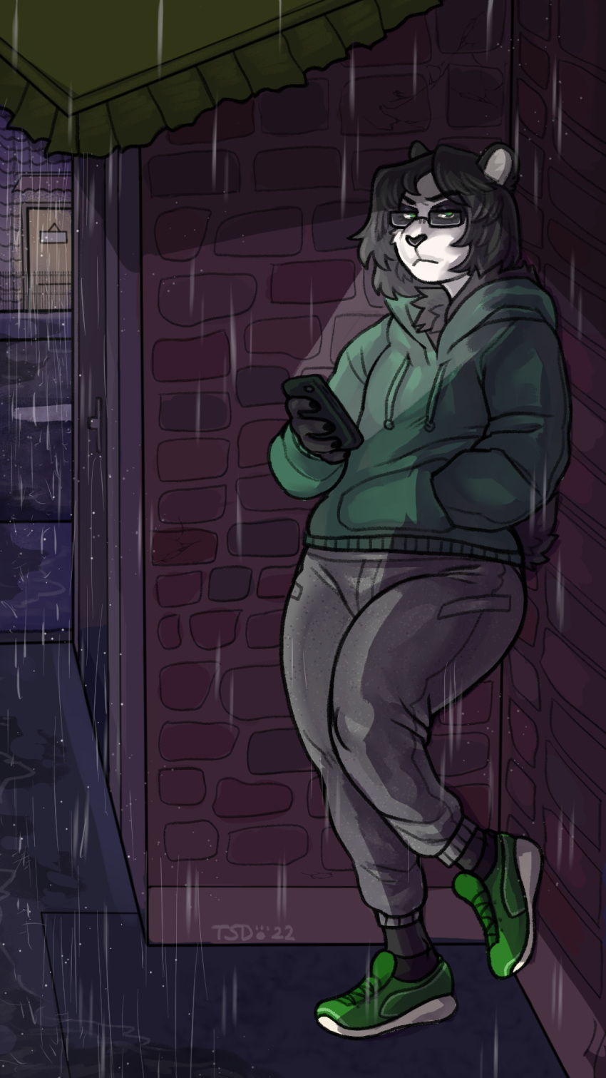 alley anthro black_body black_fur black_hair brick_wall caelum_li_wu_(character) chest_tuft claws clothing eyewear fur giant_panda girly glare glasses green_clothing green_eyes grey_clothing hair hand_in_pocket hi_res hoodie leaning_on_wall light male mammal phone pockets raining running_shoes shaded solo sweatpants thatsexdog topwear tuft ursid wall_(structure) white_body white_fur