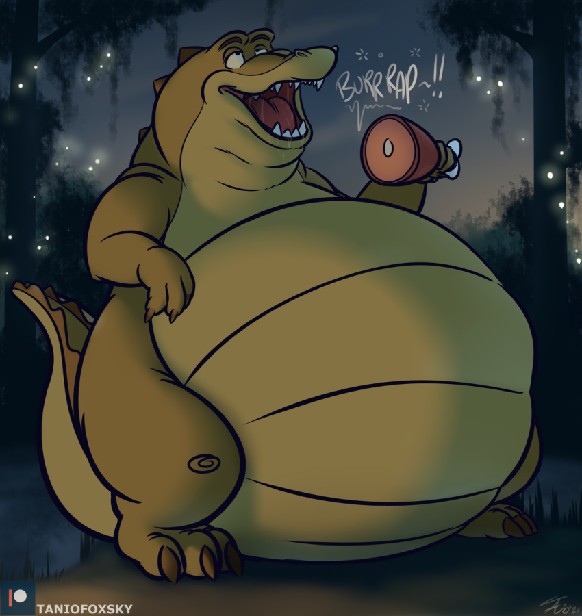2022 alligator alligatorid anthro arthropod beetle belly big_belly bodily_fluids burping claws crocodilian disney drooling elateroid fangs firefly food half-closed_eyes ham hi_res holding_food holding_object insect louis_(tpatf) male meat narrowed_eyes nude obese obese_anthro obese_male open_mouth outside overweight overweight_anthro overweight_male patreon pork raised_tail reptile saliva saliva_on_tongue saliva_string scales scalie solo standing tanio teeth text the_princess_and_the_frog tongue