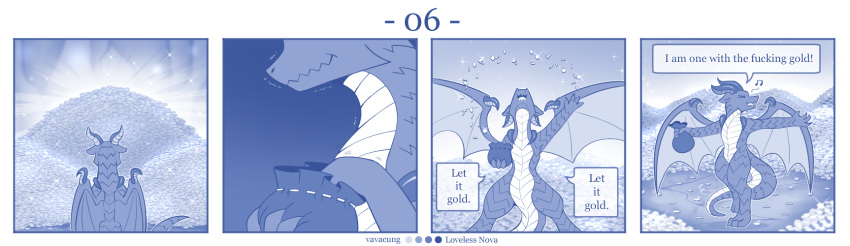 blue_and_white coin comic dancing detailed_background dialogue dragon english_text feral gold_(metal) hi_res horn larger_feral male monochrome singing size_difference text vavacung wings