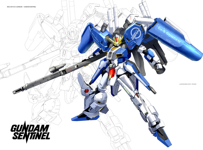 absurdres artist_name asterozoa clenched_hand copyright_name ex-s_gundam glowing glowing_eyes green_eyes gun gundam gundam_sentinel highres holding holding_gun holding_weapon looking_down mecha mobile_suit no_humans solo v-fin weapon