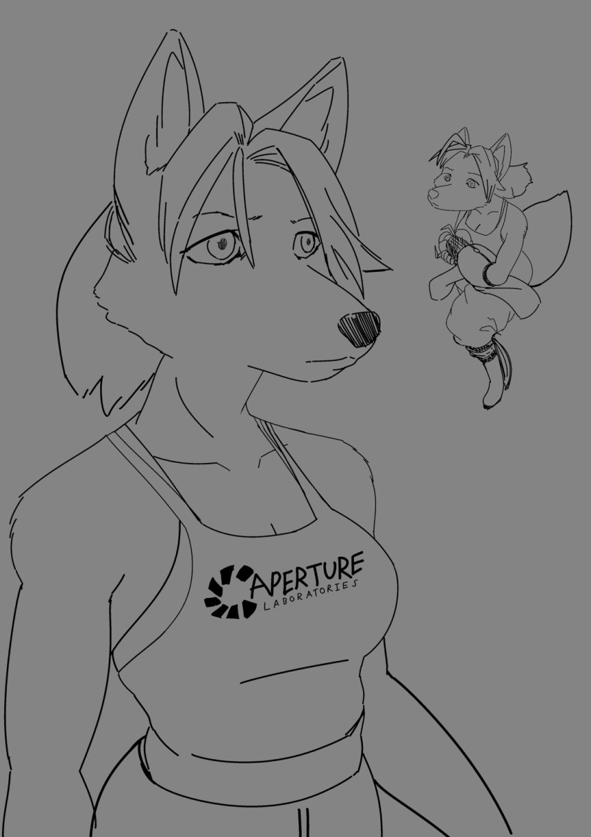 anthro big_ears black_and_white breasts canid canine canis chell chell_(fursona) cleavage clothed clothing digital_media_(artwork) english_text female fennec fox fur hair hi_res jumpsuit long_fall_boots mammal monochrome ponytail portal_(series) portal_gun shirt simple_background sketch solo tank_top text tied_shirt toonarscontent topwear tuft valve video_games white_background