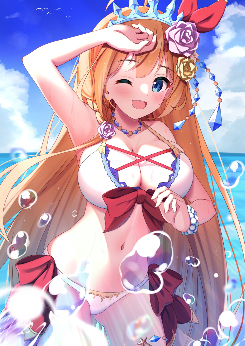 1girl ;d ahoge arm_up armpits ass_visible_through_thighs bangs bare_shoulders bead_bracelet beads bikini blue_eyes blue_sky blush bow bracelet breasts cleavage collarbone cowboy_shot day eyebrows_visible_through_hair flower front-tie_bikini front-tie_top hair_flower hair_ornament hair_ribbon hand_on_forehead highres jewelry large_breasts long_hair looking_at_viewer navel neckerchief ocean one_eye_closed open_mouth orange_hair outdoors pecorine_(princess_connect!) pink_flower pink_rose princess_connect! red_bow red_ribbon ribbon rose side-tie_bikini sky smile solo stomach straight_hair swimsuit syurimp thigh_strap tiara very_long_hair water water_drop wet white_bikini yellow_flower yellow_rose