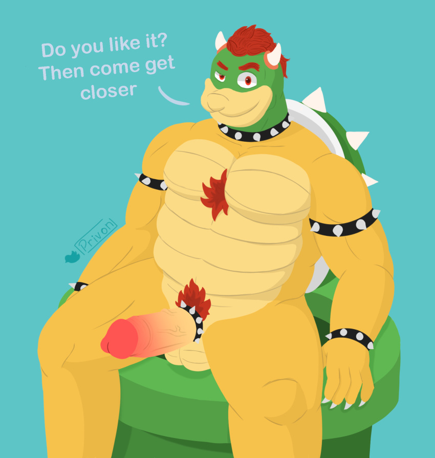 accessory anthro barazoku big_(disambiguation) big_pecs big_penis body_hair bowser bracelet chest_hair cock_ring collar dragon father genitals hi_res humanoid jewelry king koopa koopa_king looking_at_genitalia looking_at_penis looking_at_viewer mario_bros muscular nintendo parent pecs penis penis_accessory penis_jewelry privon pubes royalty scalie shell smile spiked_bracelet spiked_collar spikes thick_thighs video_games