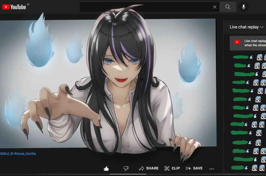 1girl alien_simp alternate_hair_color azura_cecillia black_hair black_nails blue_eyes blue_fire breasts cleavage collarbone collared_shirt fingernails fire highres livestream looking_at_viewer medium_breasts multicolored_hair nijisanji nijisanji_id open_hand purple_hair sharp_fingernails shirt solo streaked_hair through_screen virtual_youtuber white_shirt youtube