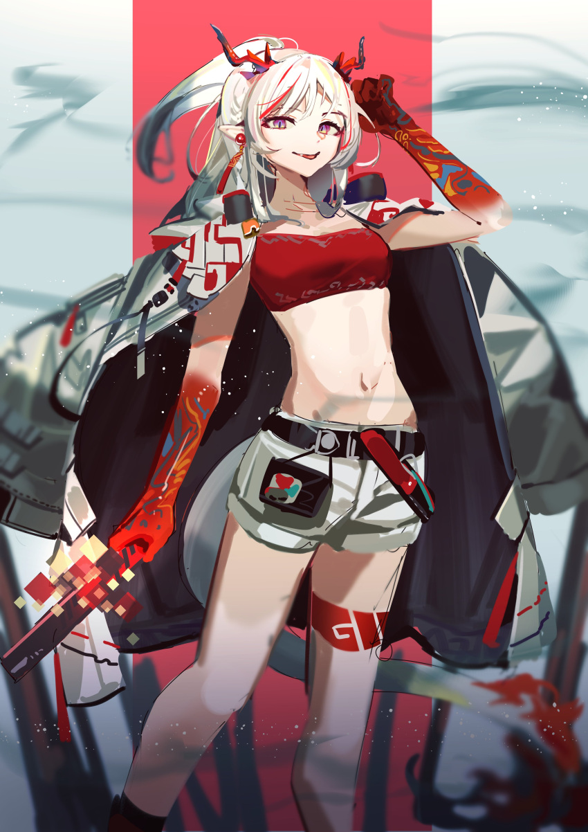 1girl absurdres arknights arm_tattoo belt black_belt colored_skin ear_piercing feet highres jacket jacket_on_shoulders leg_tattoo looking_at_viewer midriff multicolored_hair navel nian_(arknights) omochi_kueru open_clothes open_jacket parted_lips piercing pointy_ears ponytail purple_eyes red_hair red_skin red_tube_top shorts solo strapless streaked_hair tattoo tube_top white_hair white_jacket white_shorts