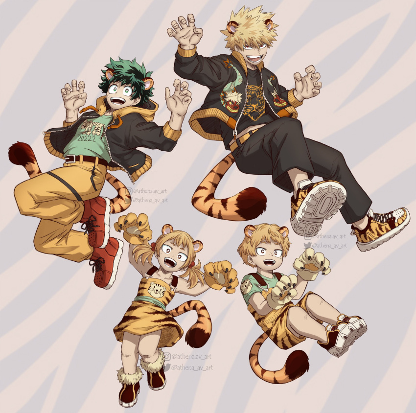 1girl 3boys animal_ears animal_hands animal_print artist_name athena_av bakugou_katsuki belt black_jacket black_pants black_shirt blonde_hair boku_no_hero_academia brown_belt brown_eyes brown_footwear child chinese_zodiac claw_pose commentary dress english_commentary freckles gloves green_eyes green_hair green_shirt grey_background highres hood hood_down hooded_jacket instagram_username jacket looking_at_viewer midoriya_izuku multiple_boys open_clothes open_jacket open_mouth overalls pants paw_gloves print_dress print_footwear print_overalls red_eyes red_footwear shimano_katsuma shimano_mahoro shirt shoes short_hair smile spiked_hair tail teeth tiger_boy tiger_ears tiger_girl tiger_print tiger_tail twintails twitter_username watermark year_of_the_tiger yellow_belt yellow_dress yellow_footwear yellow_pants