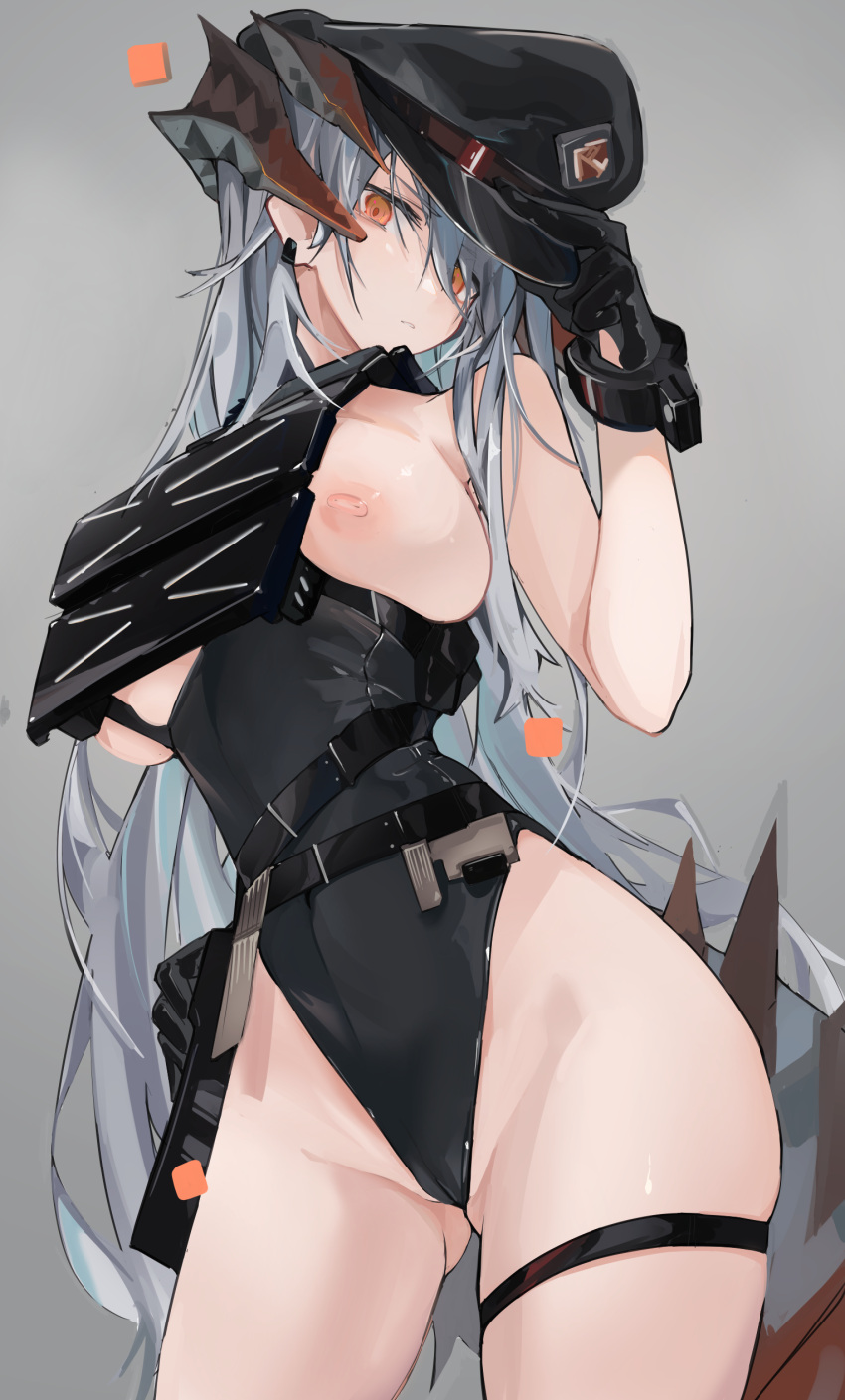 1girl absurdres arknights ass_visible_through_thighs bangs bare_arms between_breasts black_gloves black_headwear black_leotard breastless_clothes breasts breasts_out bulletproof_vest cameltoe closed_mouth clothes_between_breasts commentary contrapposto cowboy_shot cuffs dragon_horns ear_piercing eyebrows_visible_through_hair gloves grey_background groin hair_between_eyes hand_on_headwear hand_on_hip hat highleg highleg_leotard highres horns large_breasts leotard long_hair looking_at_viewer mikojin nipples official_alternate_costume one_breast_out orange_eyes peaked_cap piercing saria_(arknights) saria_(the_law)_(arknights) shackles silver_hair simple_background skindentation sleeveless solo strap symbol-only_commentary thigh_strap thighs very_long_hair