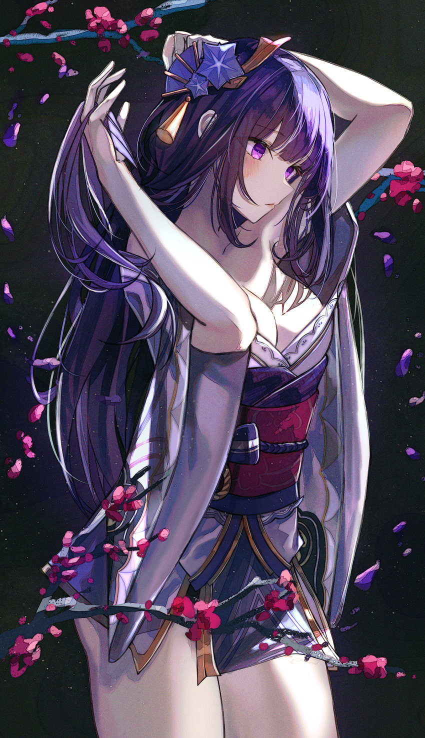 1girl arms_up bangs bare_shoulders breasts cleavage genshin_impact hair_ornament highres japanese_clothes kimono large_breasts long_hair long_sleeves merryj mole mole_under_eye obi off_shoulder purple_eyes purple_hair purple_kimono raiden_shogun sash solo thighs very_long_hair wide_sleeves