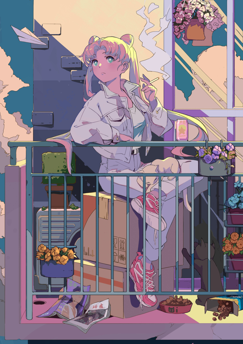 1girl absurdres bishoujo_senshi_sailor_moon blonde_hair blue_eyes cat cigarette cover denim denim_jacket double_bun fake_magazine_cover fashion flower full_body highres huanxiang_zhu_ren jacket jeans long_hair looking_to_the_side magazine_cover pale_skin pants pet_food shirt shoes smoking tsukino_usagi twintails vaporwave white_shirt