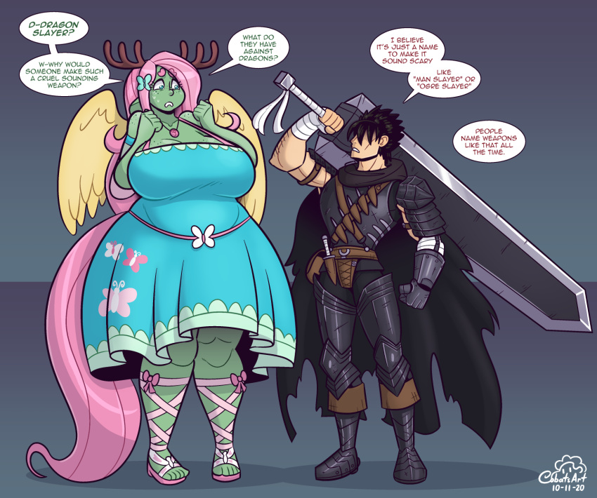 2020 5_fingers 5_toes anthro armor berserk big_breasts breasts clothed clothing cobatsart cosplay dialogue dragon dragonslayer_(sword) duo feet female fingers fluttershy_(mlp) friendship_is_magic guts_(berserk) hasbro herald_(cobat) hi_res holding_object holding_sword holding_weapon human male mammal maple_(cobat) melee_weapon my_little_pony speech_bubble sword text toes weapon