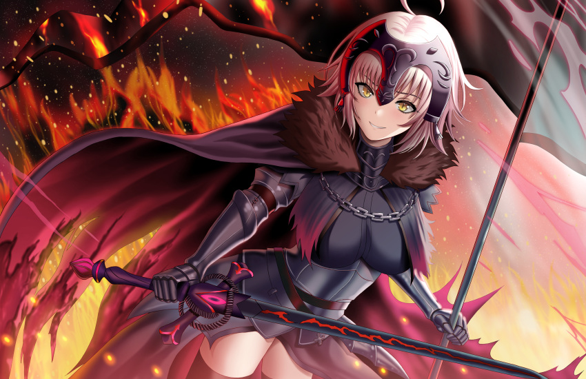 1girl absurdres ahoge armor black_cape black_legwear blonde_hair breasts bukowiski burnt_clothes cape chain embers fate/grand_order fate_(series) faulds fire flag fur_collar gauntlets grin headpiece highres holding holding_flag holding_sword holding_weapon jeanne_d'arc_(alter)_(fate) jeanne_d'arc_(fate) large_breasts looking_at_viewer red_cape short_hair smile solo sword thighhighs torn_cape torn_clothes weapon white_hair