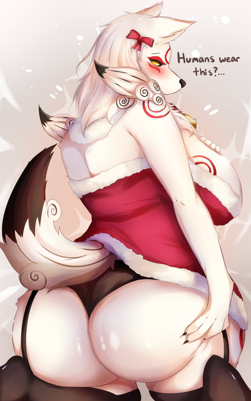 absurd_res amaterasu anthro big_breasts big_butt blush breasts butt canid canine canis capcom clothing deity dialogue english_text female fur hi_res kyuukon looking_at_viewer looking_back mammal panties ribbons solo text underwear video_games white_body white_fur wolf yellow_eyes ōkami