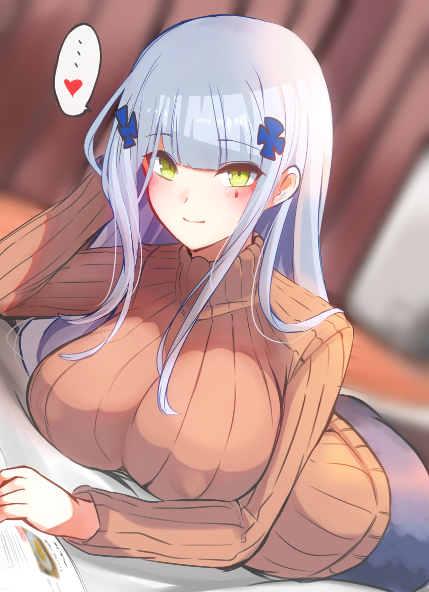 ... 10eki_(tenchou) 1girl absurdres bangs blunt_bangs blurry blurry_background blush book breast_rest breasts brown_sweater casual closed_mouth covered_nipples dutch_angle eyebrows_visible_through_hair eyes_visible_through_hair facial_mark girls'_frontline green_eyes hair_ornament hand_on_head heart highres hk416_(girls'_frontline) impossible_clothes impossible_sweater indoors large_breasts light_blue_hair long_hair long_sleeves looking_at_viewer lying on_stomach ribbed_sweater sidelocks silver_hair skirt smile solo speech_bubble spoken_ellipsis spoken_heart sweater teardrop teardrop_facial_mark teardrop_tattoo turtleneck turtleneck_sweater x_hair_ornament