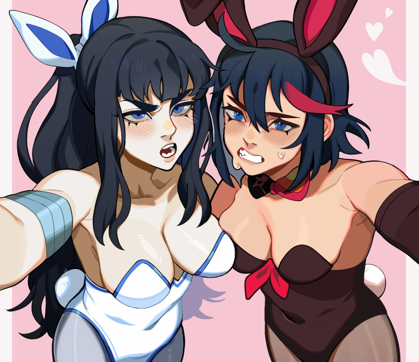 2girls absurdres animal_ears asymmetrical_docking bangs bare_shoulders black_hair black_leotard blue_eyes blue_hair blush bow bowtie breast_press breasts breasts_apart brown_legwear cleavage clenched_teeth collarbone commentary detached_collar english_commentary eyebrows_visible_through_hair fake_animal_ears fake_tail furrowed_brow hair_between_eyes heart highres kill_la_kill kiryuuin_satsuki large_breasts leotard long_hair looking_at_viewer matoi_ryuuko medium_breasts multicolored_hair multiple_girls nose open_mouth pale_skin pantyhose pillarboxed pink_background playboy_bunny porqueloin rabbit_ears rabbit_tail red_bow selfie sharp_teeth shiny shiny_skin short_hair siblings sidelocks sisters smile strapless strapless_leotard streaked_hair tail teeth thick_eyebrows very_long_hair white_leotard